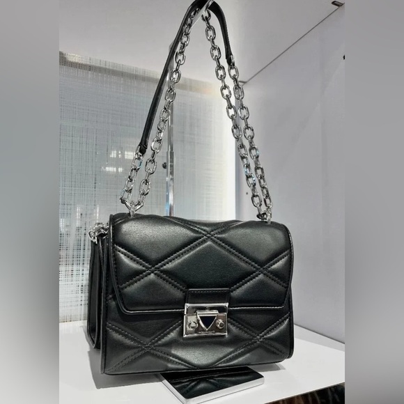 MICHAEL KORS Black Silver Serena Quilted F. Leather Crossbody Bag AUTHENTIC NWT - Picture 2 of 10